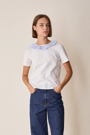 Cotton T-shirt with ruffled collar