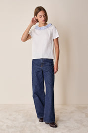 Cotton T-shirt with ruffled collar