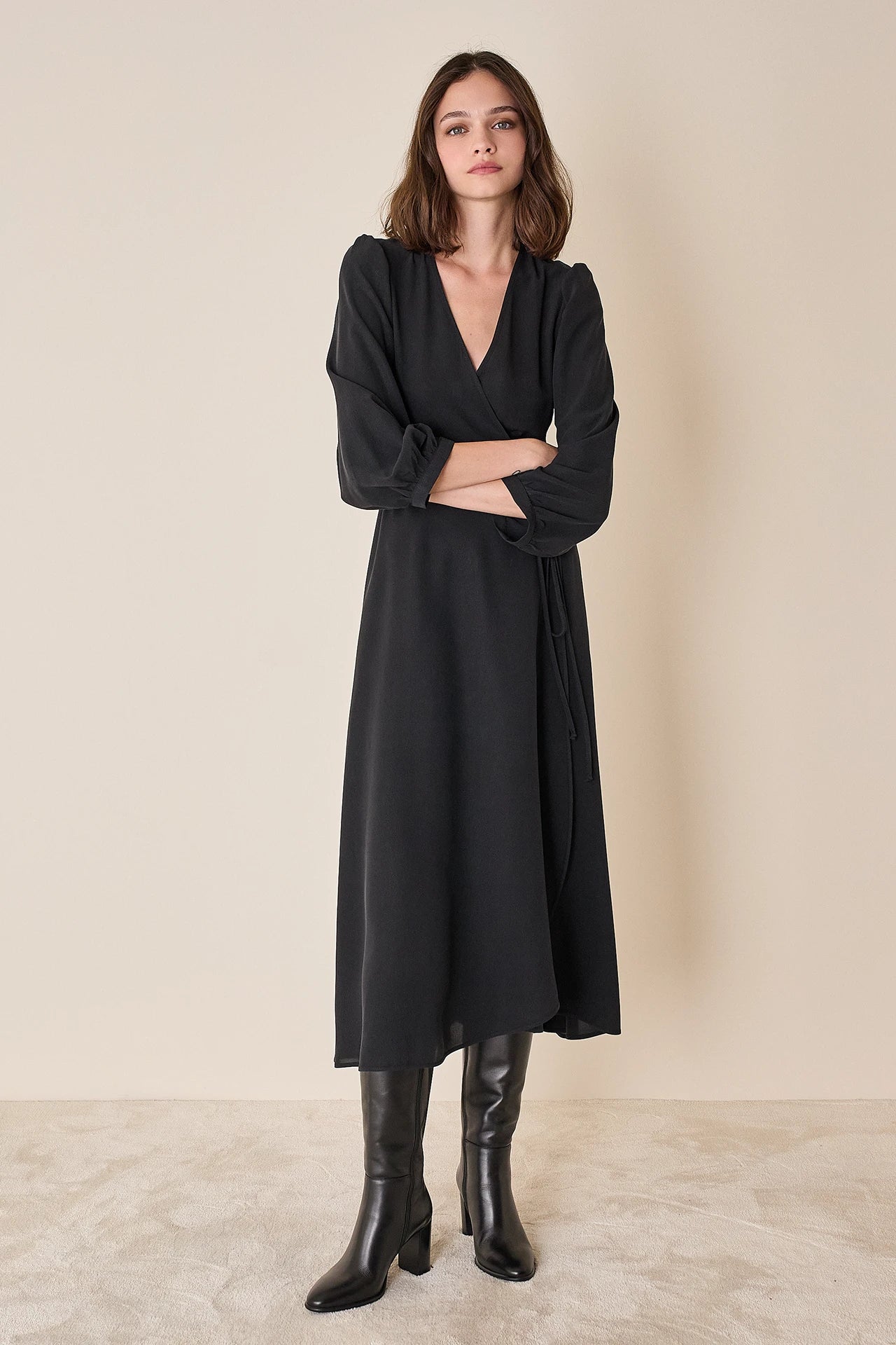 Silk wrap dress with long sleeves