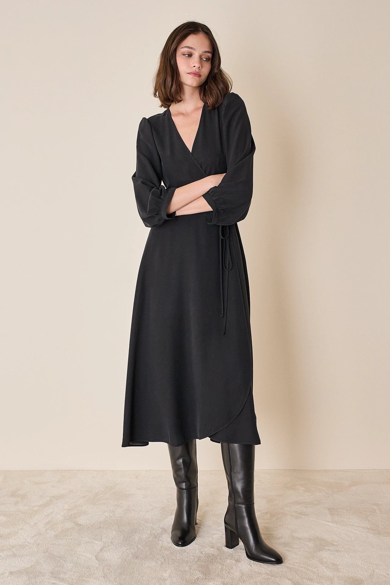 Silk wrap dress with long sleeves