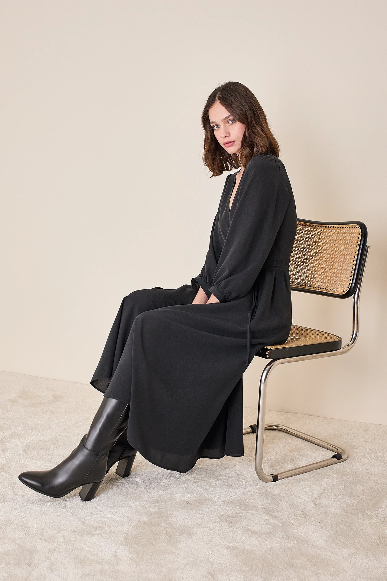 Silk wrap dress with long sleeves