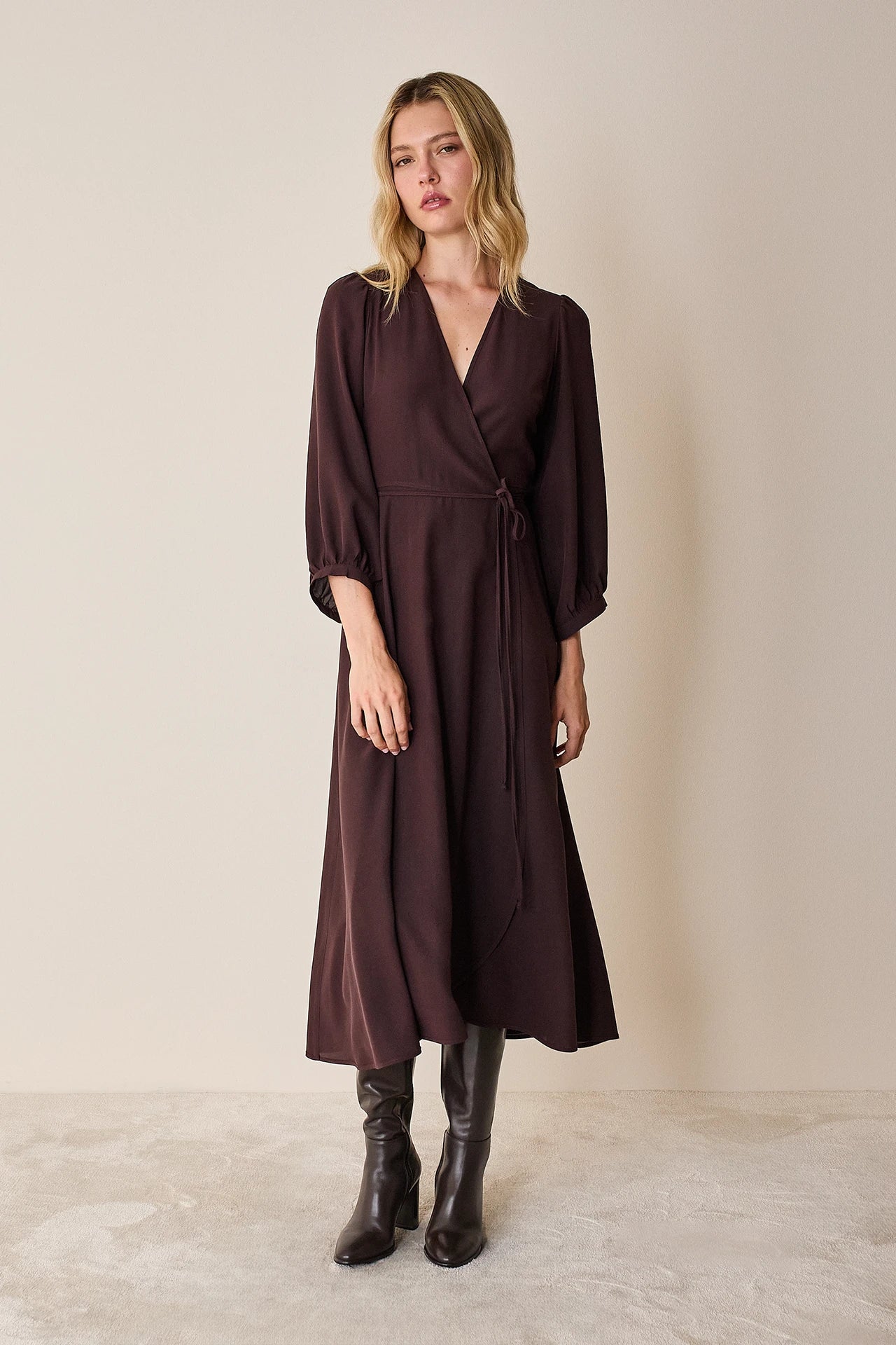 Silk wrap dress with long sleeves