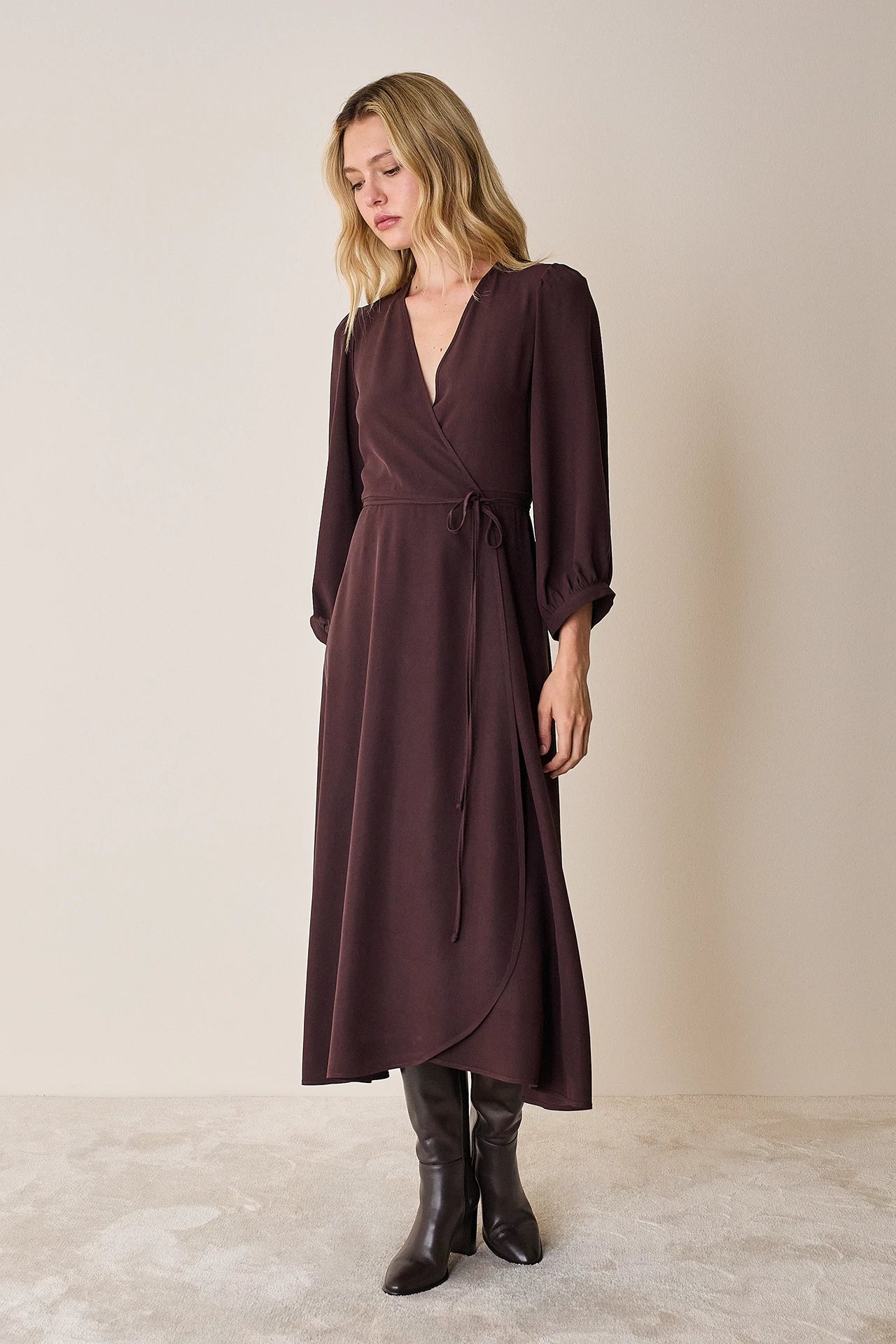 Silk wrap dress with long sleeves