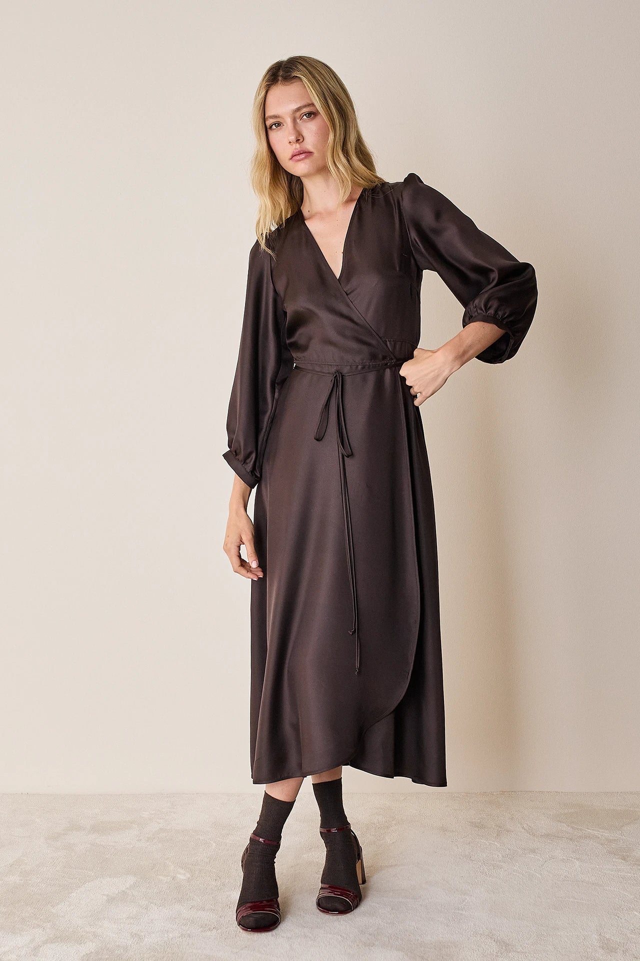 Silk wrap dress with long sleeves
