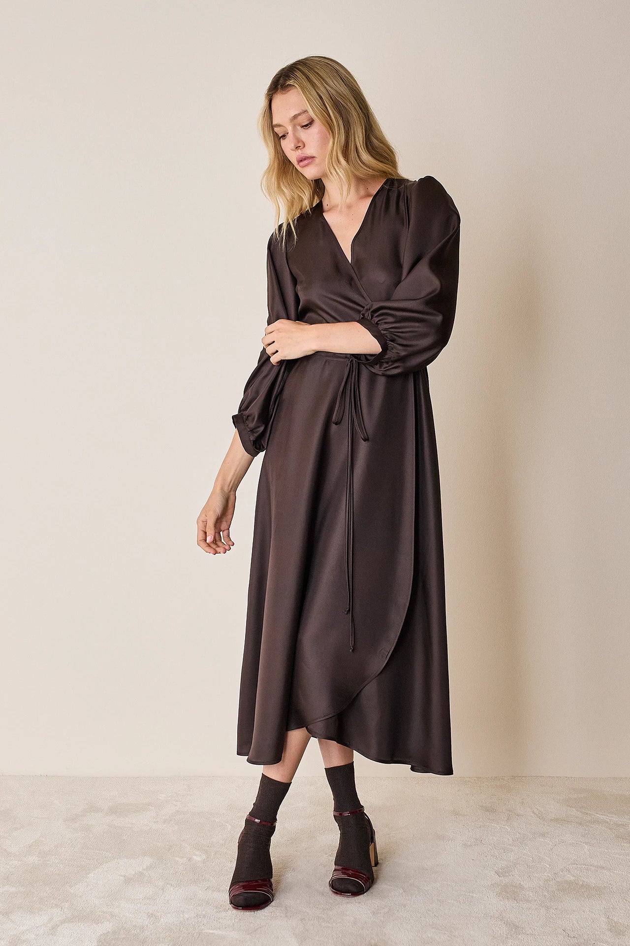 Silk wrap dress with long sleeves