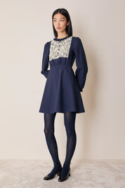 Wool dress with macramé lace insert