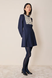 Wool dress with macramé lace insert