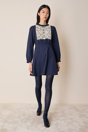 Wool dress with macramé lace insert
