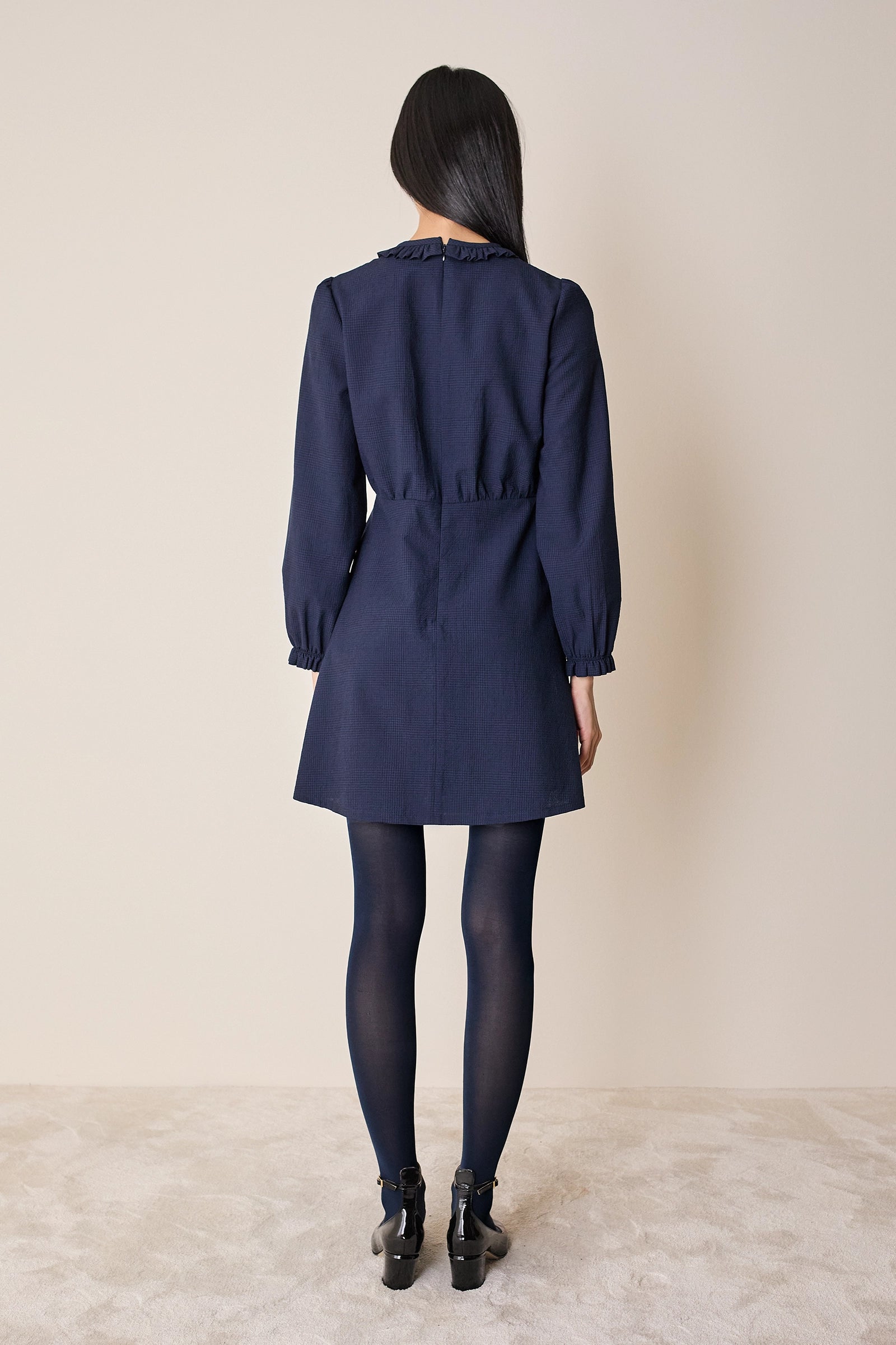 Wool dress with macramé lace insert