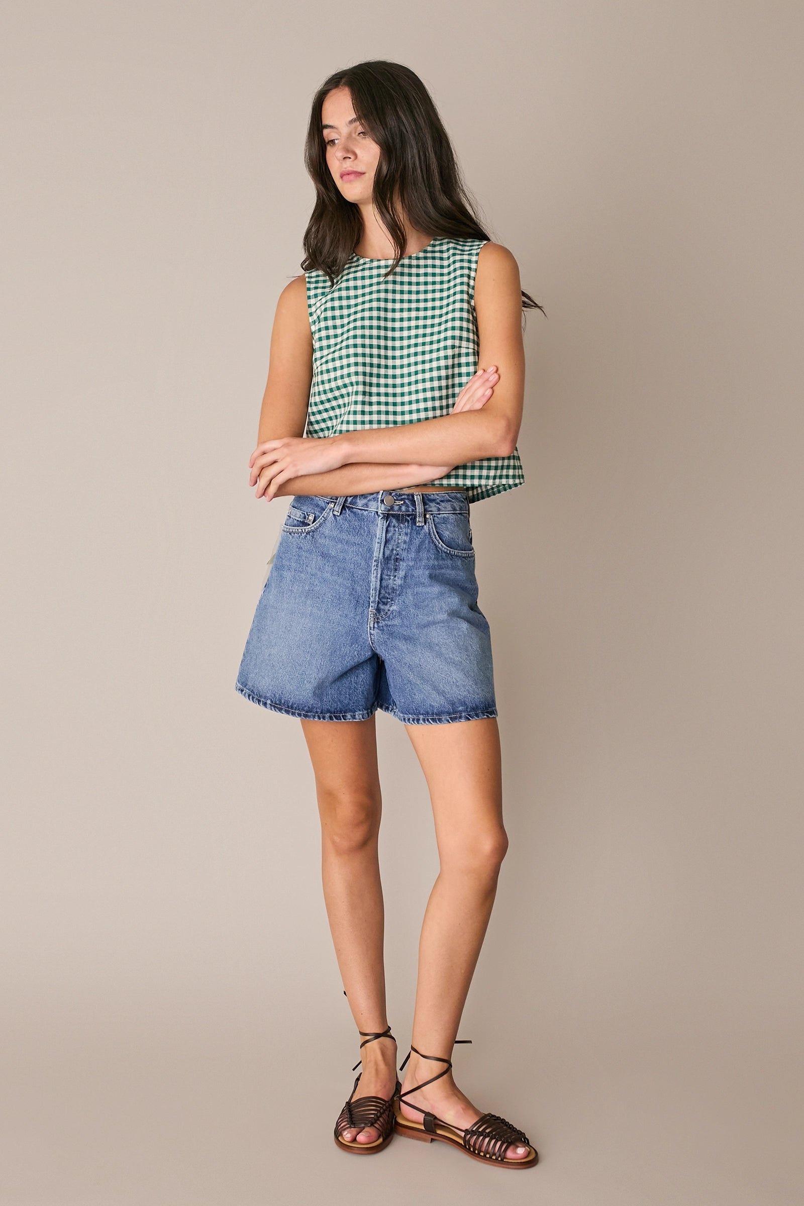 Top vichy in lino e cotone