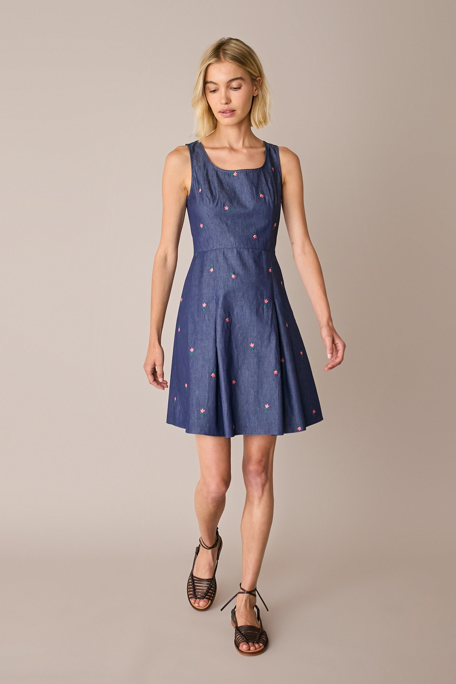 Embroidered denim-effect dress
