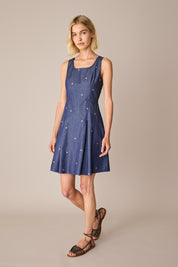 Embroidered denim-effect dress
