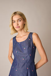 Embroidered denim-effect dress