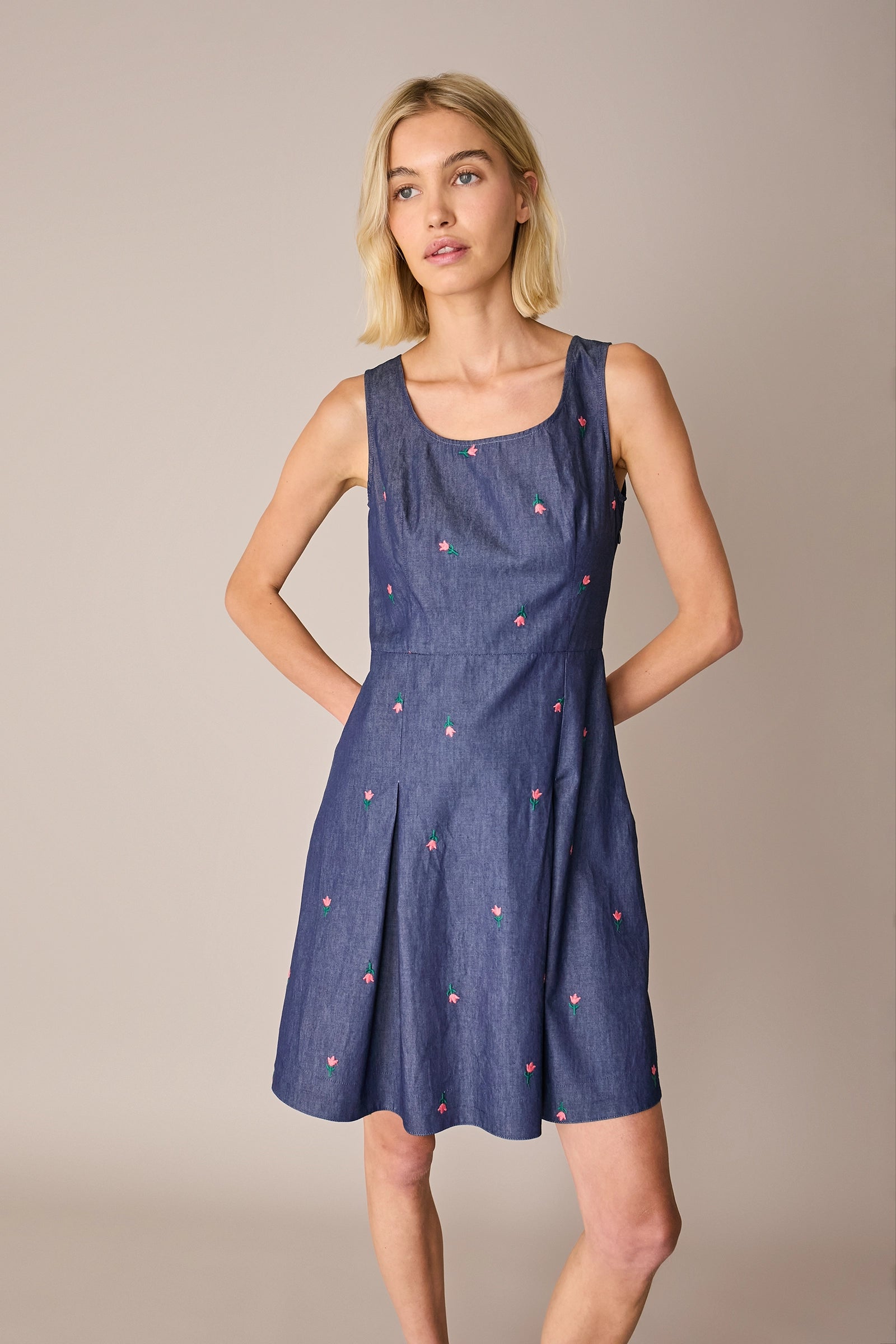 Embroidered denim-effect dress