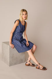 Embroidered denim-effect dress