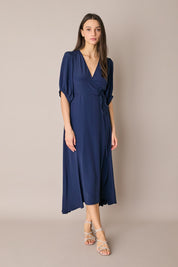 Abito lungo a portafoglio in blend di seta