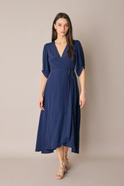 Abito lungo a portafoglio in blend di seta