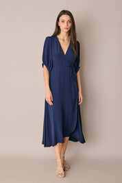 Abito lungo a portafoglio in blend di seta