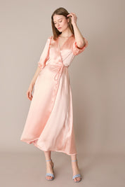 Abito lungo a portafoglio in blend di seta