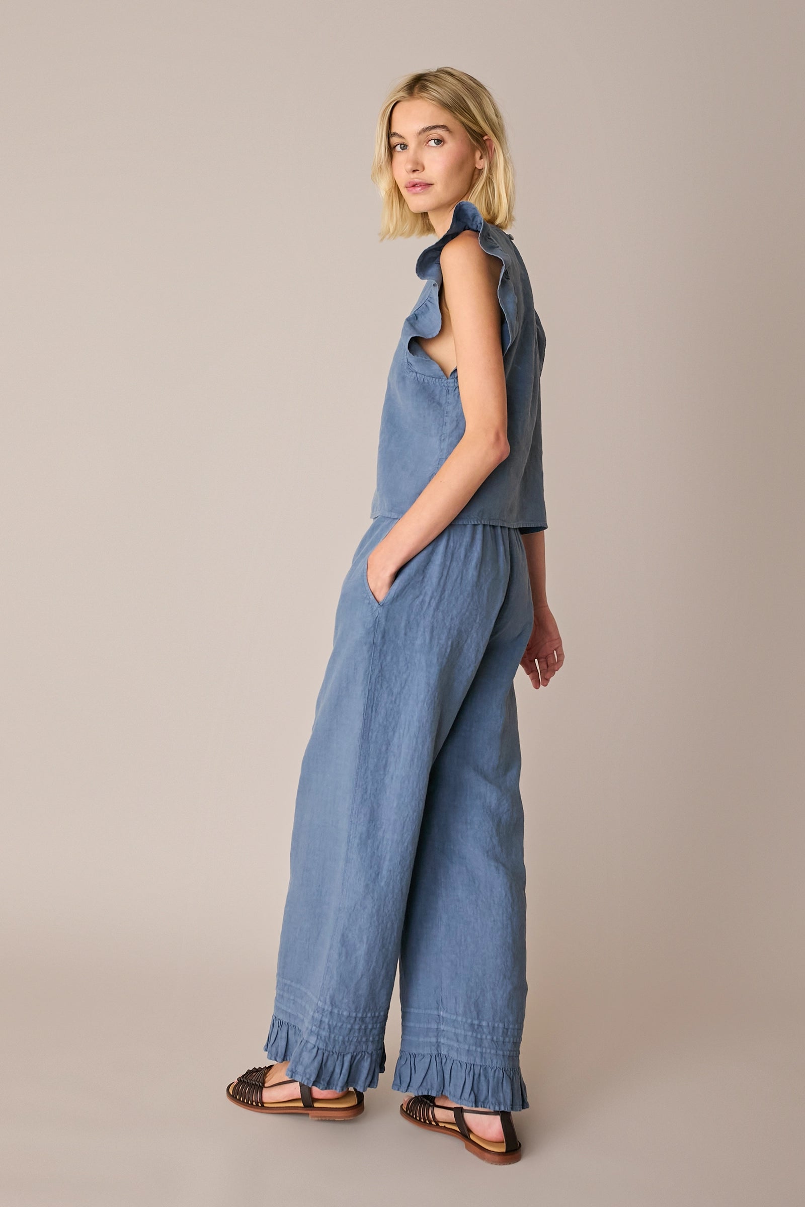 Linen trousers with frill hem
