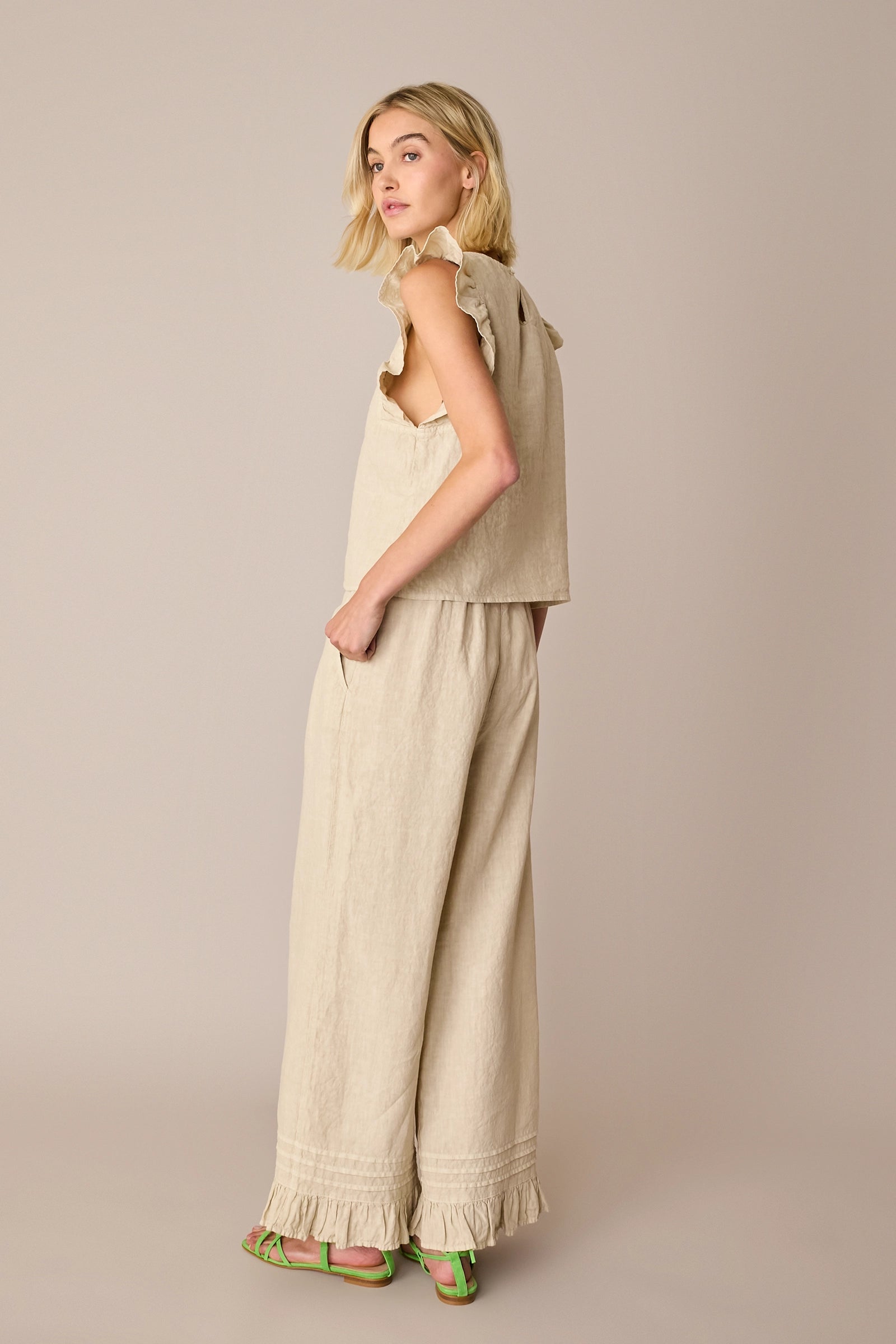 Linen trousers with frill hem
