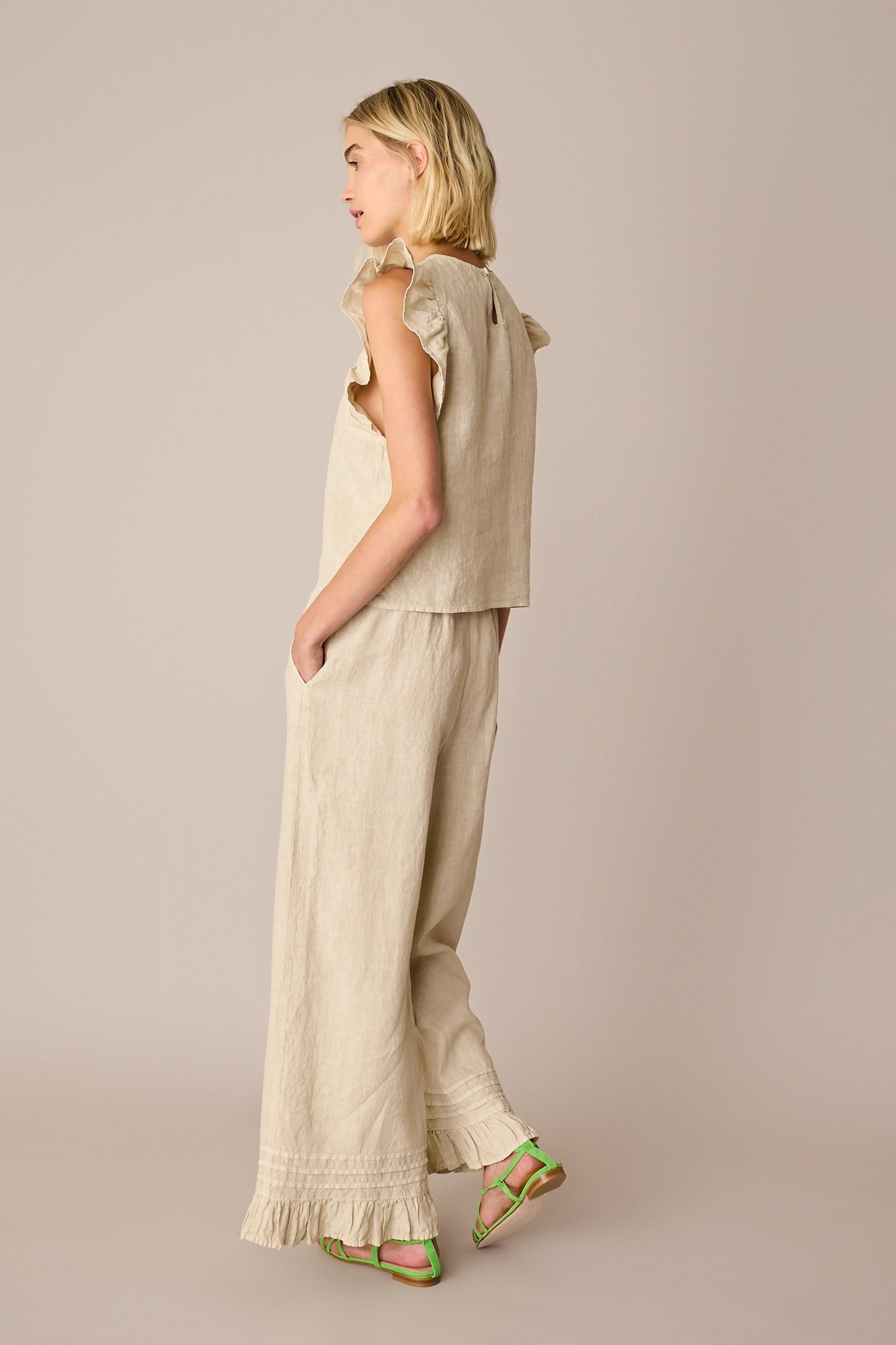 Linen trousers with frill hem
