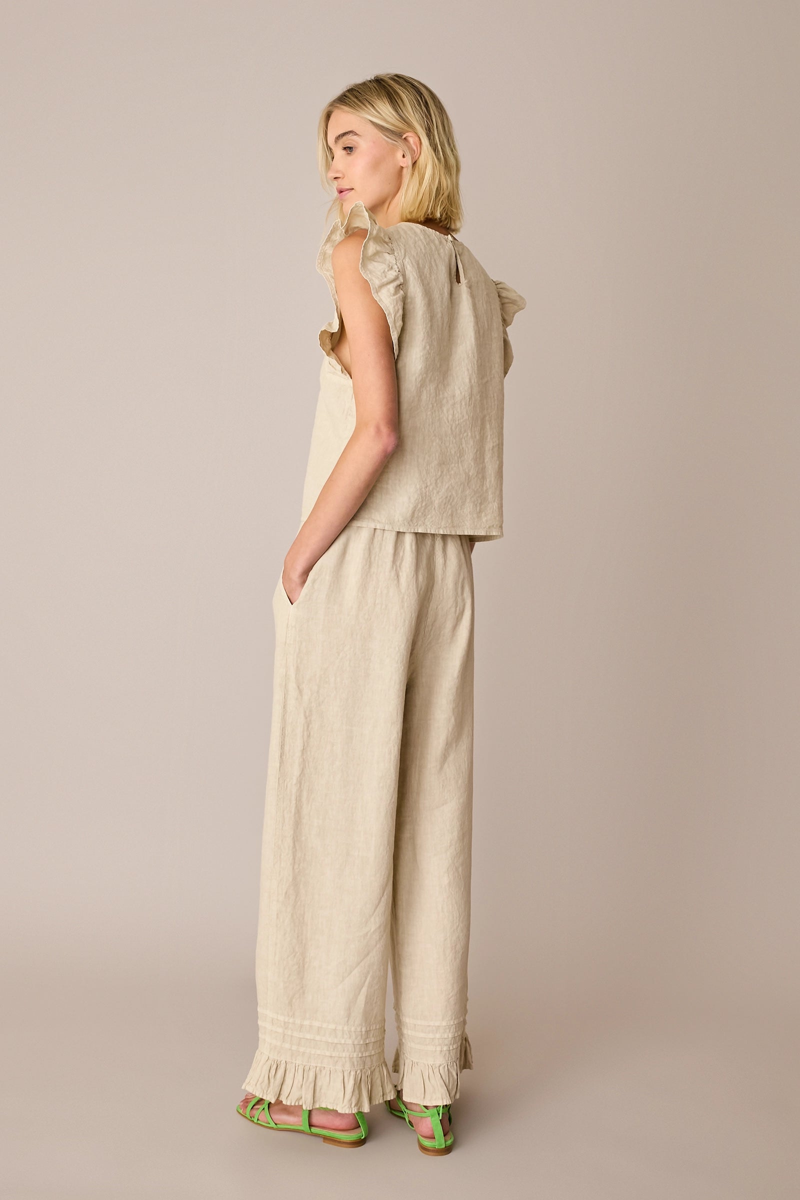 Linen trousers with frill hem
