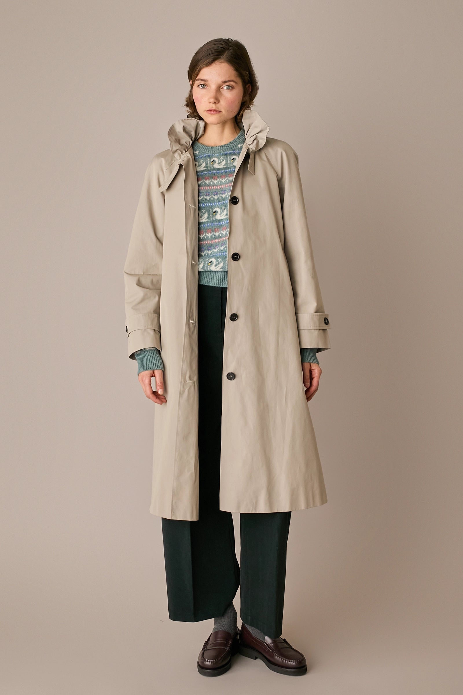 Ruffled collar trench coat