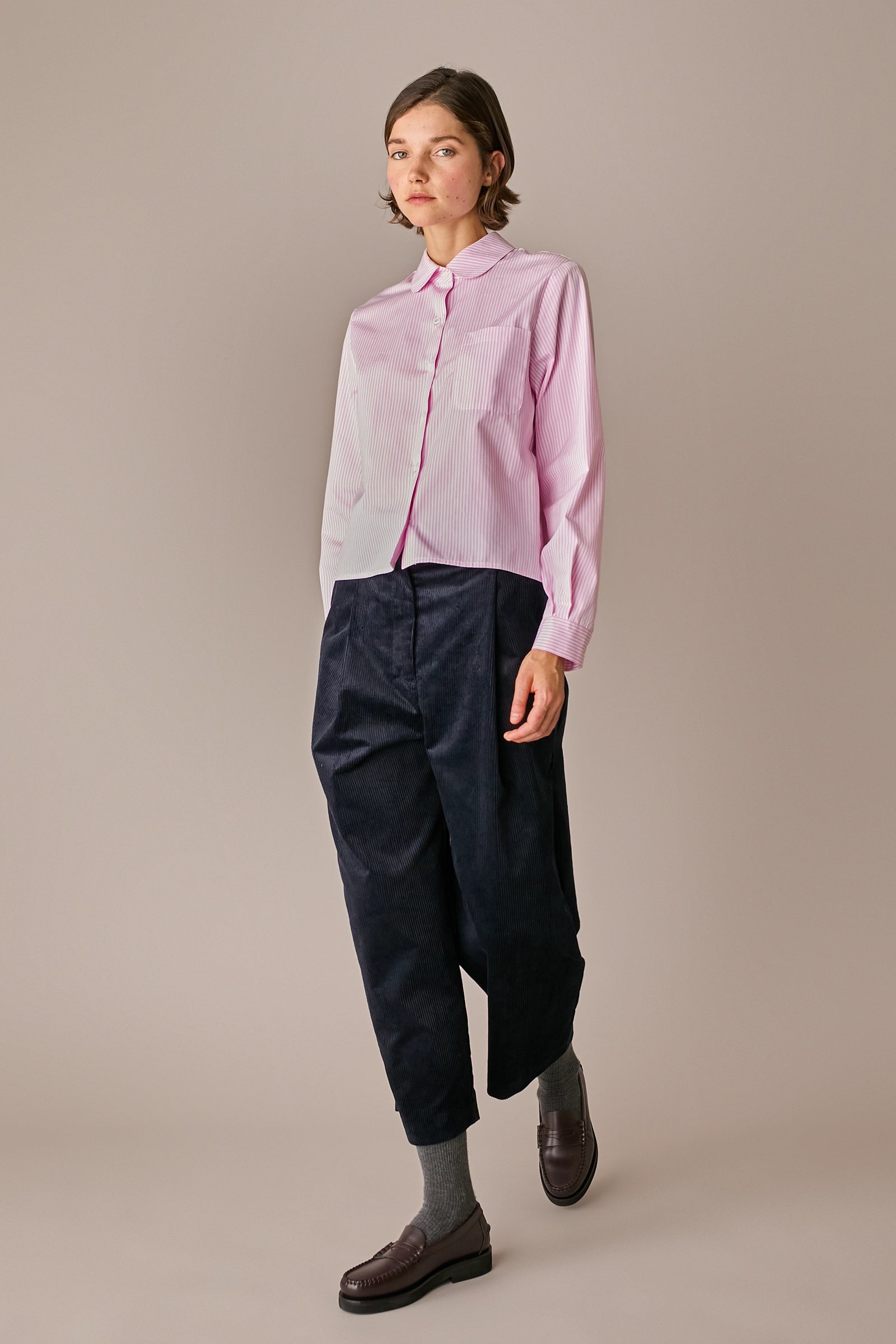 camicia con colletto stondato, colletto stondato, riga bianco - rosa