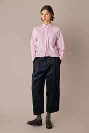 camicia con colletto stondato riga bianco - rosa, made in italy