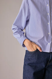 camicia con colletto stondato righe bianco e blu, colletto stondato, made in italy