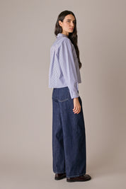 camicia con colletto stondato righe bianco e blu