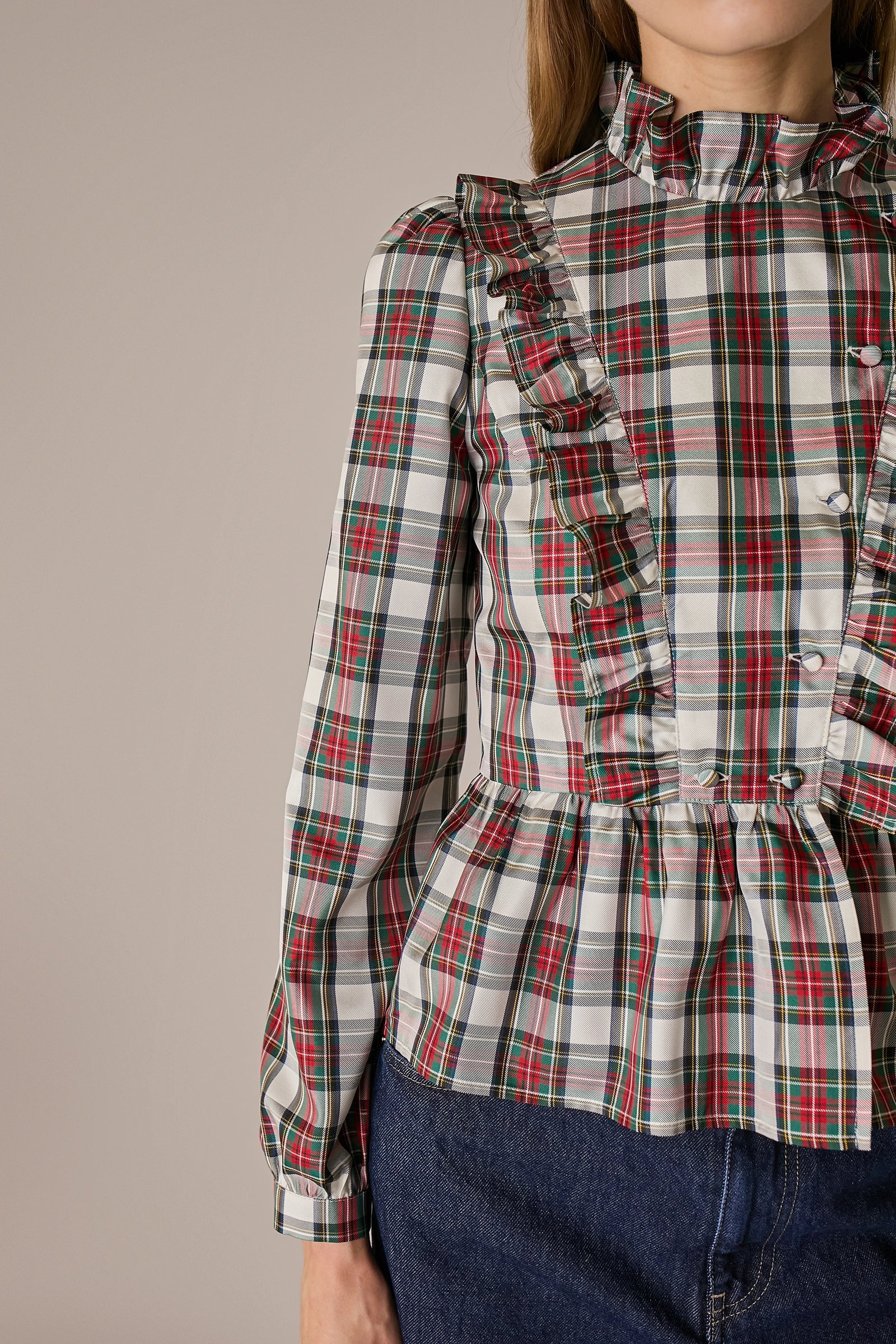 Camicia in seta tartan con rouches tartan verde, in seta, colletto con volant