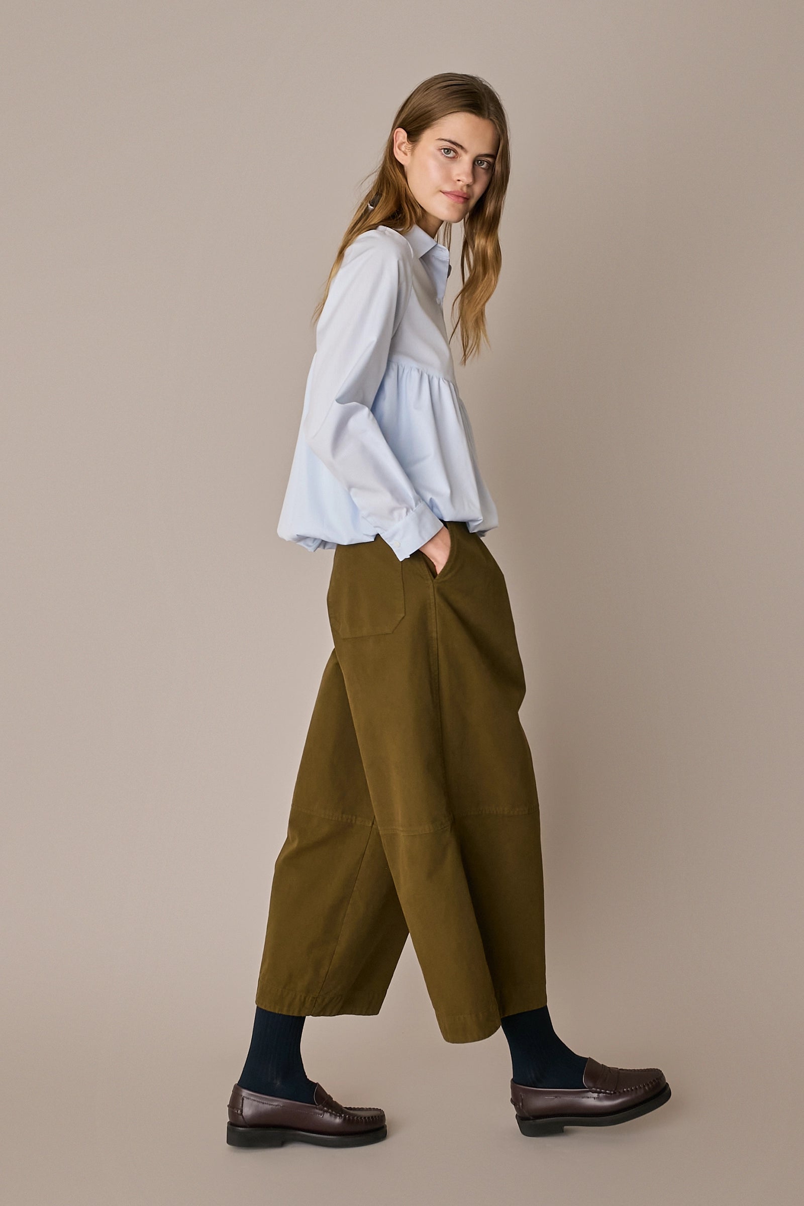 Camicia a palloncino righe azzurre, in cotone, abbottonatura frontale
