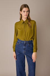 Camicia in blend di seta con fiocco verde oliva