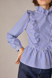Camicia in cotone con rouches righet bianco - blu in cotone, colletto volant
