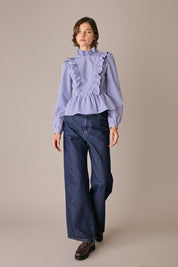 Camicia in cotone con rouches righe bianche e blu, ruffles