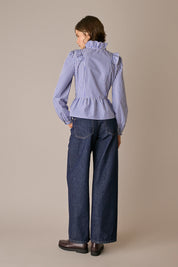Camicia in cotone con rouches righet bianco - blu, colletto volant