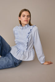 Camicia in cotone con rouches righe azzurre con rouches