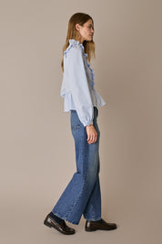 Camicia in cotone con rouches righe azzurre, in cotone, maniche a sbuffo