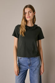 T-shirt in jersey con colletto a corolla antracite, in cotone, colletto a corolla