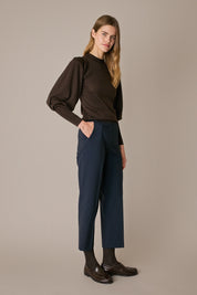 Pantaloni in lana elasticizzata con piega blu navy