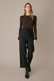 Pantaloni in lana stretch con cintura nero, pieghe frontali