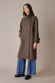 Cappotto pied-de-poule con collo alto pied de poule marrone in pura lana vergine, collo a imbuto