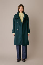 Cappotto con collo alto in lana e cashmere verde scuro, collo a imbuto in lana e cashmere