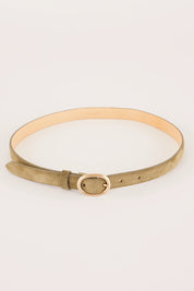 Thin leather belt with gold oval buckle