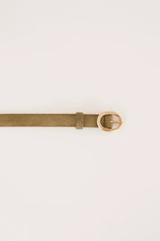 Thin leather belt with gold oval buckle