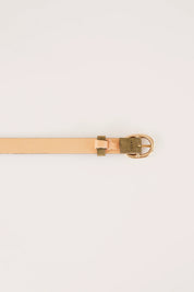Thin leather belt with gold oval buckle