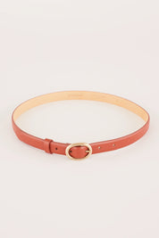 Thin leather belt with gold oval buckle