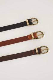 Aged effect leather belt with brass buckle